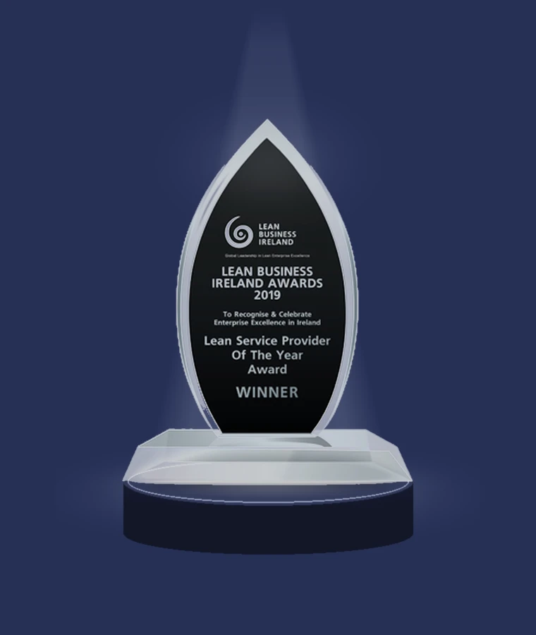 Lean Business Ireland Awards 2019 trophy: Lean Service Provider of the Year, winner, under a spotlight