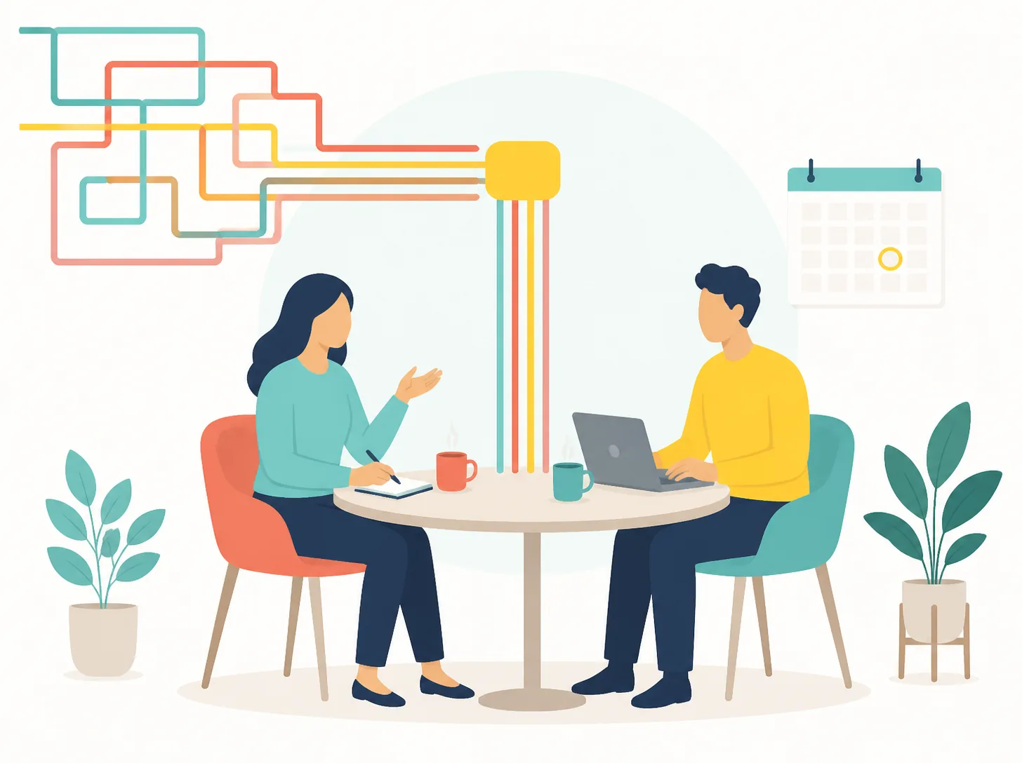 Two people talk over coffee