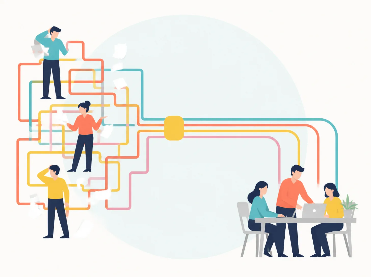 People caught in a tangle of work become a calm team once the lines are straightened out and coordinated