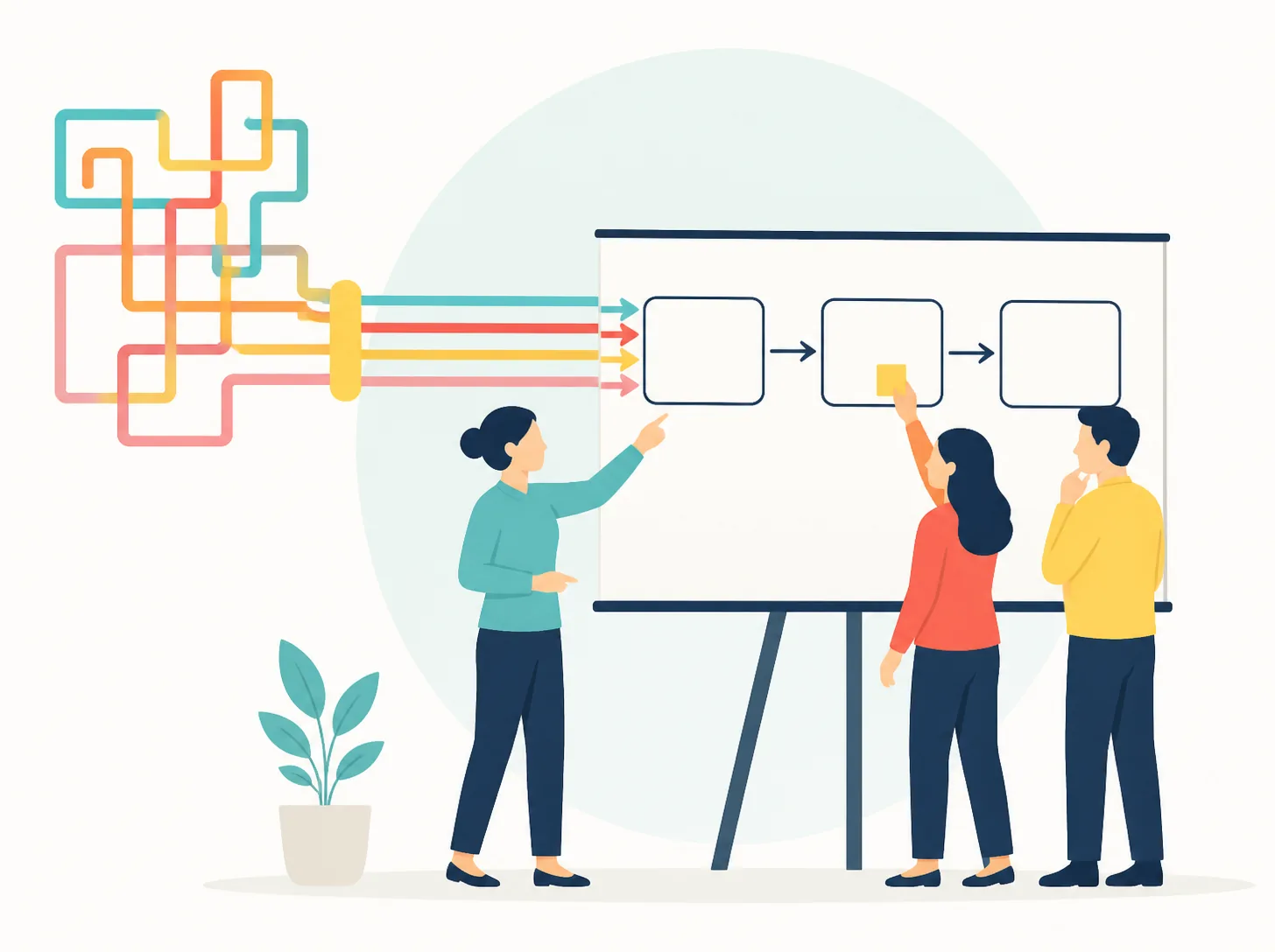A consultant and a client team redesign a process together at a whiteboard